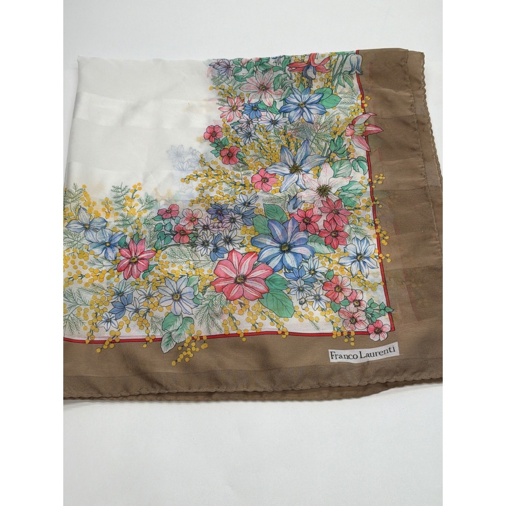 Franco Laurenti Tan White Floral Square Scarf Botanical Print 32x32 Classic